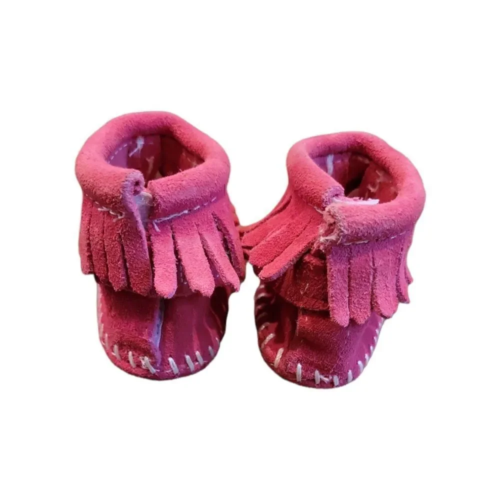Minnetonka Fringe Moccasins Back Flap Bootie Hot Pink 1